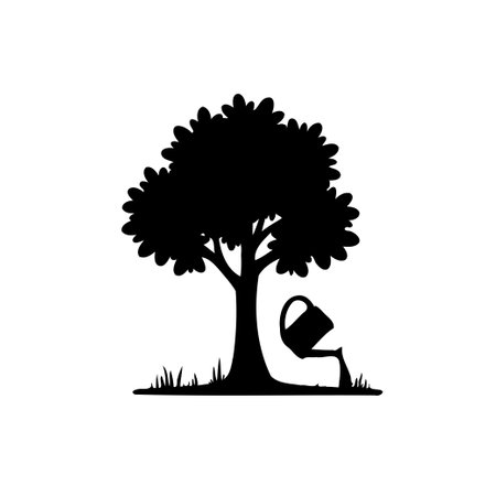 A silhouette of a tree being watered with a watering can. Represents nature, growth, gardening, and environmental care with minimalist design and a monochrome aesthetic.のイラスト素材