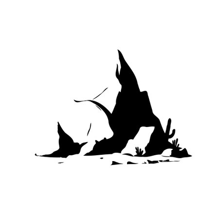 A monochrome silhouette showcasing a desert landscape with rocky mountains, cacti, and stark scenery. A minimalist, graphic design emphasizing nature's raw beauty.のイラスト素材