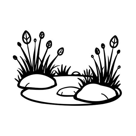A monochrome illustration of a wetland scene, featuring various plants and grasses around rocks. Perfect for use in graphic design projects.のイラスト素材