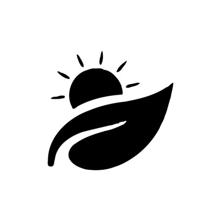 A stylized graphic featuring a leaf with a sun rising or setting behind it, rendered in a simple black and white design.のイラスト素材