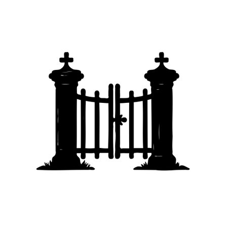 A silhouette illustration of an old cemetery gate with cross-topped pillars. Vector image is perfect for memorial or Halloween.のイラスト素材