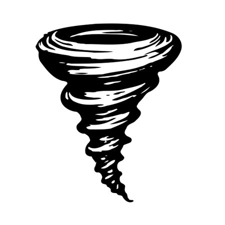 A sketch of a black tornado is presented on a clean, white background. This illustration represents the power and danger of nature's forces.のイラスト素材