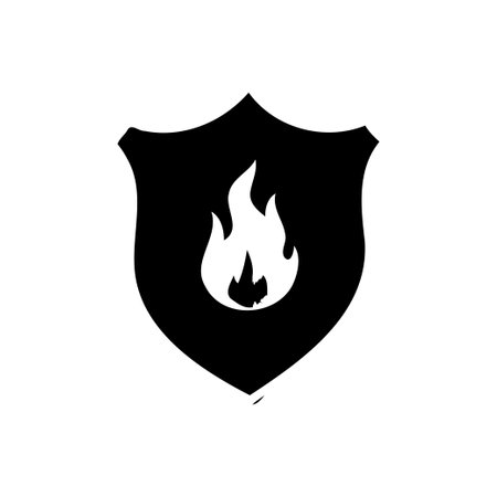 Stylized vector illustration of a shield containing a fire flame, representing protection, security, and defense against danger or risk. Suitable for logos, emblems, and graphic designs.のイラスト素材