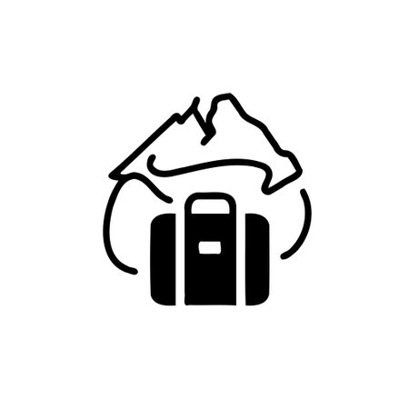 A minimalist icon symbol representing travel and mountain adventures. Features a suitcase with a mountain outline in black. Ideal for tourism, exploration, and travel-related projects.のイラスト素材