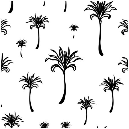 Seamless pattern design featuring tropical palm trees in monochrome silhouette style. Vector illustration, suitable for backgrounds, textile prints, or wallpaper.のイラスト素材