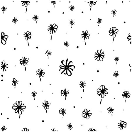 Seamless floral pattern design featuring whimsical hand-drawn flowers on a white background. Perfect for backgrounds, textiles, and various creative projects.のイラスト素材