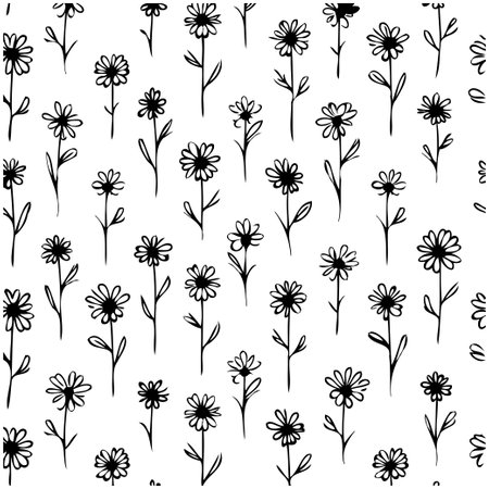 Seamless pattern of hand drawn daisy flowers on a white background. Floral texture for fashion, wallpapers, print. Vector illustration. Monochrome botanical pattern.のイラスト素材