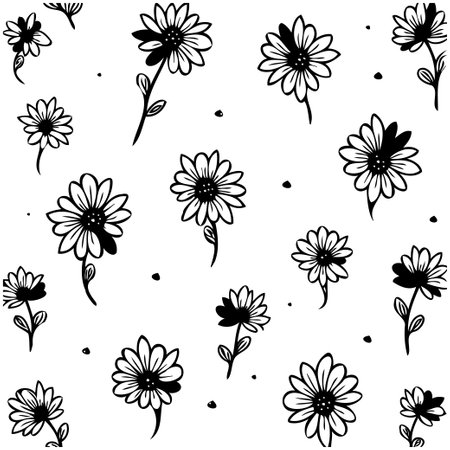 A seamless pattern featuring hand-drawn, daisy-like flowers. This design is black and white, suitable for textile prints, wallpapers, or wrapping paper.のイラスト素材