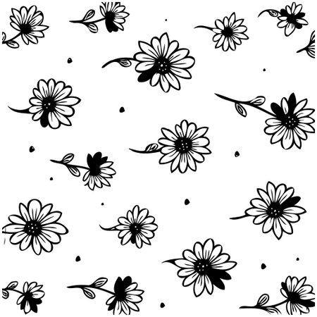 A seamless monochrome floral pattern featuring stylized daisies. This design is perfect for backgrounds, textiles, and various creative projects. The simple yet elegant aesthetic offers versatility and visual appeal.のイラスト素材