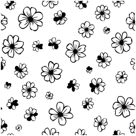A seamless pattern with stylized flowers in black and white. Perfect for backgrounds, textiles, or any creative project that needs a touch of botanical style.のイラスト素材