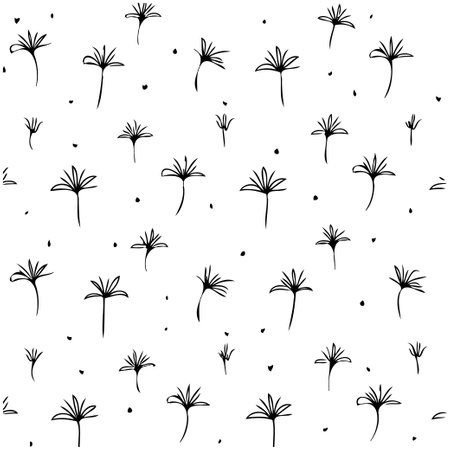 A minimalist floral pattern with a hand-drawn touch creates an elegant and whimsical design. This black and white seamless pattern is ideal for backgrounds, textiles, and decorative prints.のイラスト素材