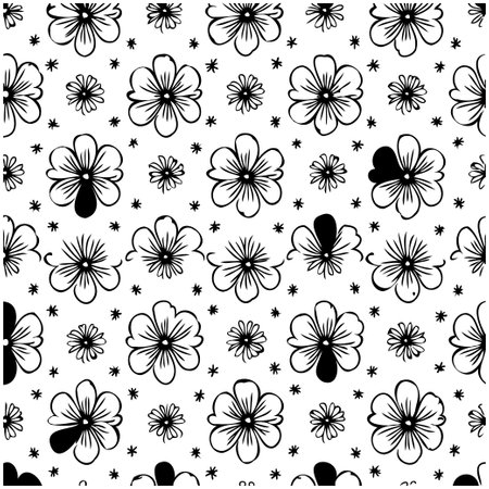 A repeating pattern of flowers and stars in simple black and white creates a fresh, seamless, artistic botanical print for paper or textile design. This decorative background is elegant and trendy.のイラスト素材