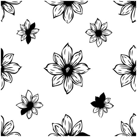 Seamless vector pattern with black and white floral design. Elegant botanical illustration. Great for backgrounds, textiles, wallpapers, and decorative purposes.のイラスト素材