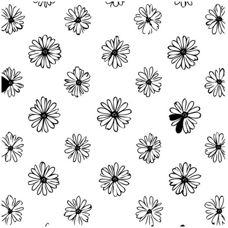 Monochrome daisy pattern design. Delicate floral artwork with simple botanical elements. Suitable for textile, background or decoration.のイラスト素材