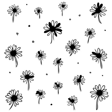 Seamless vector pattern with hand-drawn daisy flowers in a simple black and white design, perfect for backgrounds, textiles, or other creative projects.のイラスト素材