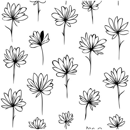 Elegant monochrome seamless floral pattern featuring sketched daisy flowers. Ideal for fabric, wallpaper, scrapbooking projects, and various artistic and decorative endeavors.のイラスト素材