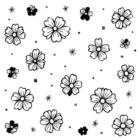 An elegant floral pattern in black and white. Seamless repeat background design with hand-drawn botanical elements for backgrounds, textures, or textile designs. Vector illustration.のイラスト素材