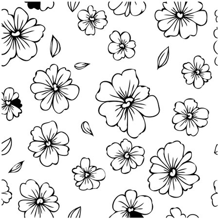 A seamless pattern of delicate floral outlines in black and white. Perfect for textile design, backgrounds, or scrapbooking projects, offering a simple and elegant touch.のイラスト素材