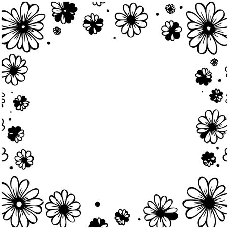 Monochrome floral frame featuring a creative arrangement of daisy flowers. Isolated on a white background, perfect for decorating invitation, scrapbooking, or print projects.のイラスト素材