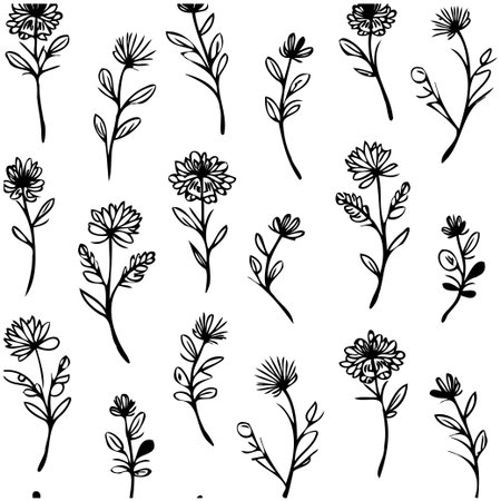 A monochrome seamless pattern featuring delicate black and white floral and botanical elements. This design offers a touch of elegance suitable for diverse creative applications.のイラスト素材