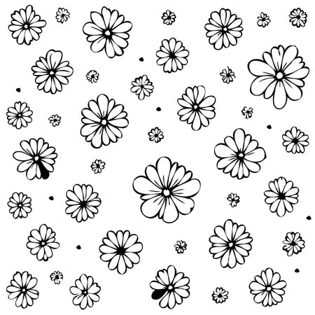 Seamless pattern featuring hand-drawn black and white flowers. Perfect for backgrounds, textile designs, and various creative projects. Provides an elegant and minimalist touch.のイラスト素材