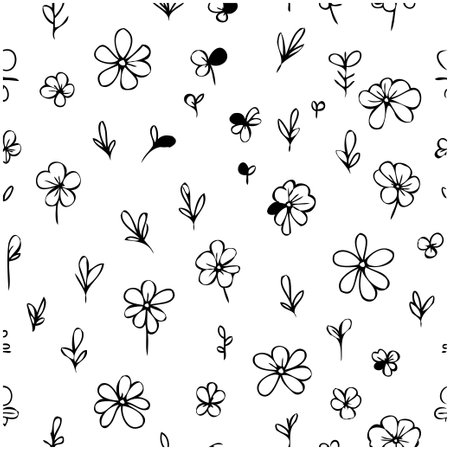 Seamless monochrome vector pattern with hand drawn abstract flowers and leaves. Simple floral ornament for backgrounds, wallpapers, textile and other creative projects.のイラスト素材