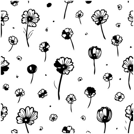 Hand drawn floral pattern in black and white. Vector seamless background with flowers, leaves, and dots. Ideal for wallpaper, textile, design, and decoration.のイラスト素材