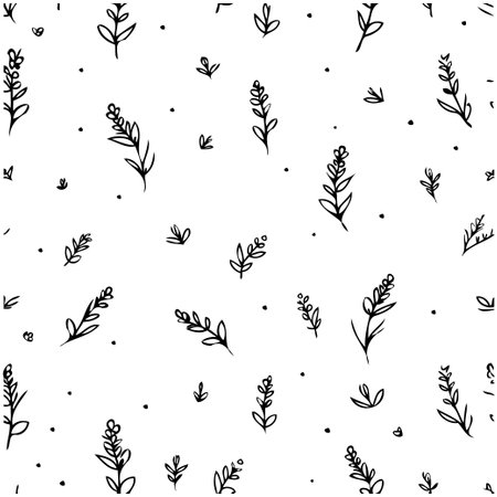 Elegant minimalist seamless pattern with simple floral and leaf sprigs, hand-drawn in black on a white background, suitable for wallpaper, textile and surface design.のイラスト素材