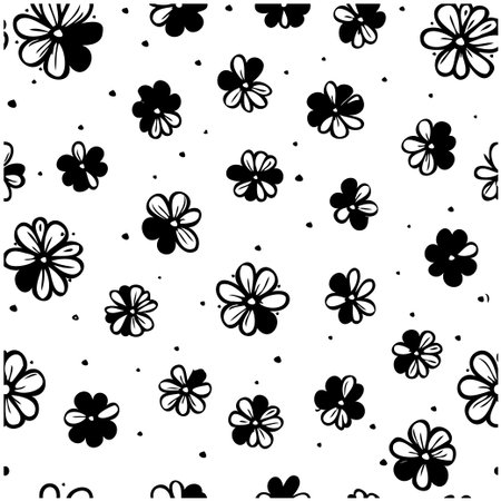 A seamless pattern featuring hand-drawn doodle flowers in black and white. Perfect for backgrounds, textiles, and various designs.のイラスト素材