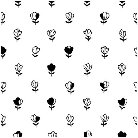 A charming seamless pattern featuring hand-drawn floral elements. Monochrome palette on a white background. Perfect for adding a touch of elegance to designs.のイラスト素材