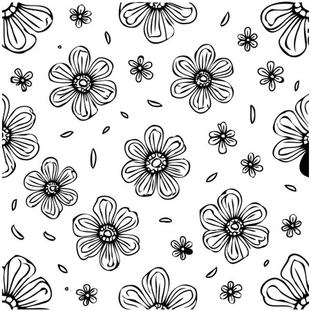 A beautifully intricate seamless floral pattern, hand-drawn in a minimalist style. Features elegant flowers and petals, perfect for adding a touch of nature to your designs.のイラスト素材