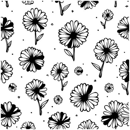 An elegant seamless pattern featuring bold black floral outlines on a clean white background. It's perfect for modern designs and backgrounds.のイラスト素材