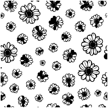 A seamless repeat pattern featuring hand-drawn black and white daisies of varying sizes. This minimalist design offers a fresh, organic touch, ideal for backgrounds, textiles, or decorative projects.のイラスト素材