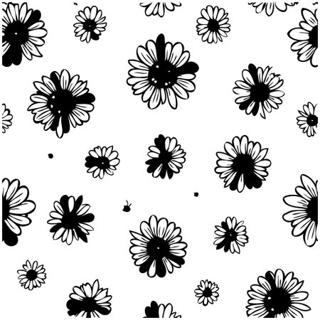 Seamless black and white daisy flower pattern. It features a floral background with an elegant design, ideal for creating decorative backgrounds or textile prints.のイラスト素材