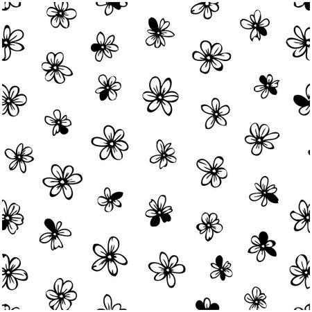 A seamless floral pattern featuring hand-drawn blossoms in black on a white background. Ideal for textile design, wallpaper, and various creative projects.のイラスト素材