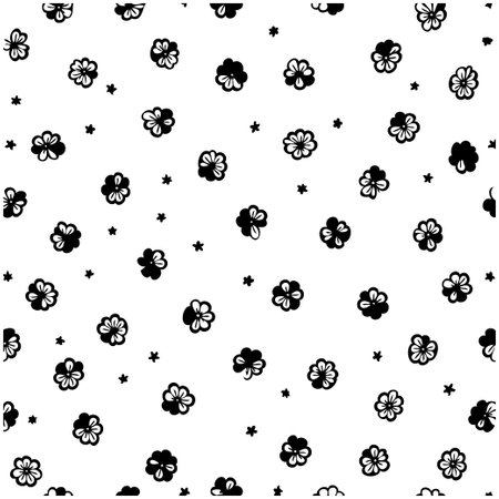Seamless vector pattern featuring stylized flowers and small stars. Black and white design for fabric, wallpaper, or decorative print.のイラスト素材