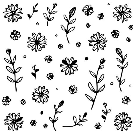 A seamless pattern of hand-drawn botanical elements in black and white.  Features various flowers, leaves, and other floral elements, ideal for modern surface designs.のイラスト素材