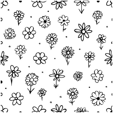 Seamless pattern with hand drawn doodle flowers. Vector floral background. Black and white drawing illustration. For fabric, scrapbook paper, wrapping and surface design.のイラスト素材