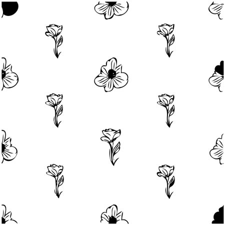 A seamless black and white floral pattern features hand-drawn flowers, creating an elegant and minimalist design. Perfect for backgrounds, textiles, or adding a touch of nature to any project.のイラスト素材