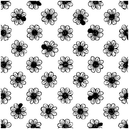 A seamless floral pattern featuring hand-drawn daisies in black and white. Ideal for backgrounds, textiles, and creative projects.のイラスト素材