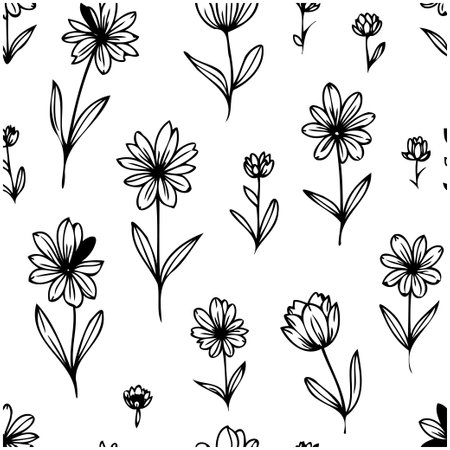 A black and white seamless vector pattern of simple flowers. The design is hand-drawn and features a minimalist style.のイラスト素材