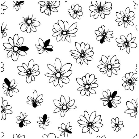 Seamless vector pattern of black and white outlined flowers. Great for textile, backdrop, wallpaper and scrapbook projects.のイラスト素材