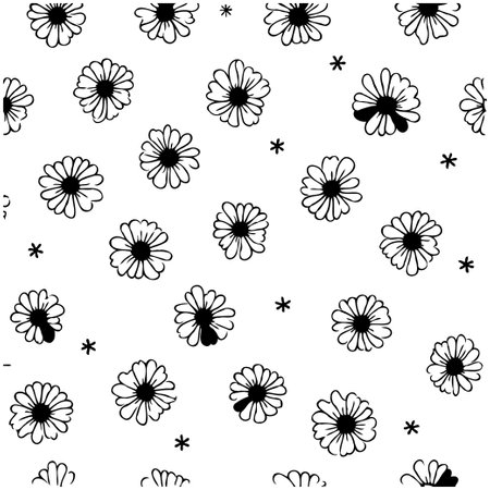 Seamless floral pattern with simple flowers and asterisks. The image is a hand-drawn monochrome design suitable for backgrounds, textile, wallpaper, or decorative elements.のイラスト素材