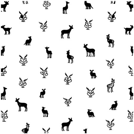 An ornate seamless pattern featuring deer silhouettes and stylized antler designs on a white background. This pattern offers a touch of rustic elegance, suitable for backgrounds, textiles, and creative design projects.のイラスト素材