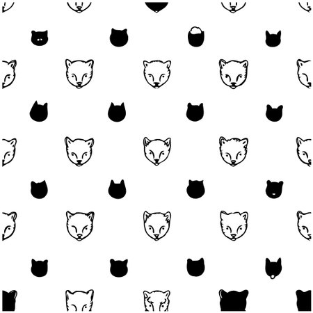 A seamless pattern featuring minimalist sketches of animal heads in black and white. Suitable for a variety of decorative applications, including textiles, wallpapers, and graphic designs. Modern and playful in style.のイラスト素材