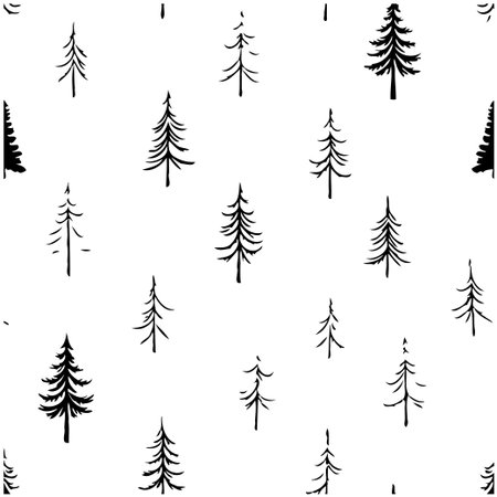 Seamless pattern featuring black and white trees on a white background. Ideal for textile design,...