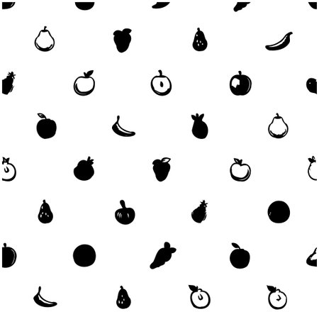 A delightful seamless pattern featuring hand-drawn fruit silhouettes in black and white.  Great for background, textile, or paper designs with a touch of freshness.のイラスト素材