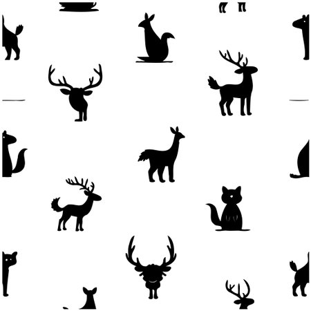 A seamlessly repeatable pattern featuring black silhouettes of a variety of animals on a white background, perfect for textile design or decorative applications.のイラスト素材