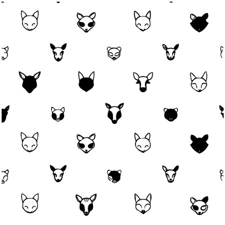 Seamless pattern of animal heads. Vector graphic of black and white animals head. Can be used as fabric print or wallpaper. Isolated on white background.のイラスト素材