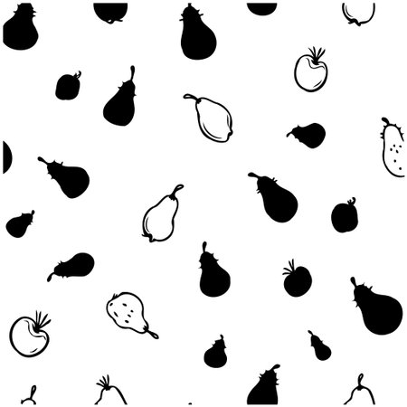 Seamless pattern of hand-drawn vegetables like eggplants, pears, tomatoes and cucumbers. Ideal for...